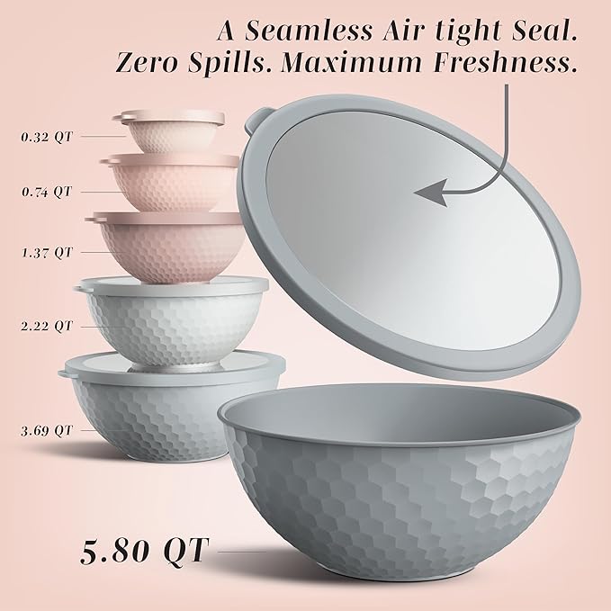 COOK WITH COLOR Mixing Bowls with Lids - 12 Piece Plastic Nesting Bowls Set includes 6 Prep Bowls and 6 Lids, Microwave Safe Mixing Bowl Set, Pink Embossed