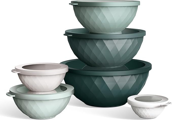 COOK WITH COLOR Mixing Bowls with Lids - 12 Piece Plastic Nesting Bowls Set includes 6 Prep Bowls and 6 Lids, Microwave Safe Mixing Bowl Set, Green Diamond