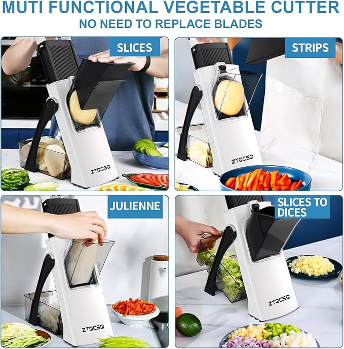 (All-in-1) Upgraded Version Mandoline Slicer for Kitchen & Adjustable Mandolin. Detachable Blade, Kitchen Veggie Chopper Cut Slicing, Strips, Shredding, Dicing, Chop (Black White)