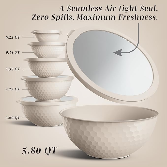 COOK WITH COLOR Mixing Bowls with Lids - 12 Piece Plastic Nesting Bowls Set includes 6 Prep Bowls and 6 Lids, Microwave Safe Mixing Bowl Set, Cream Embossed