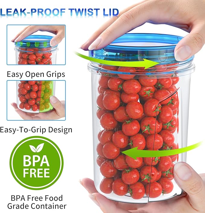 [32 oz 6 Pack] Food Storage Freezer Containers Clear bottom With blue Twist Top Lids Reusable, Plastic Airtight Meal Prep Containers BPA Free | Stackable | Leakproof | Microwave/Dishwasher Safe