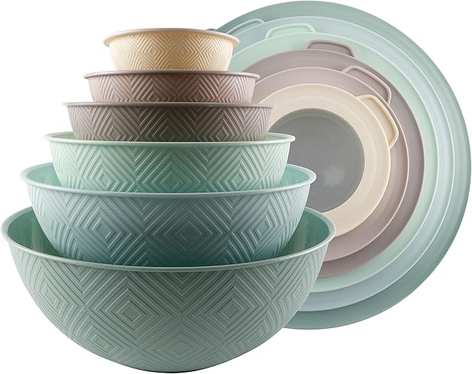 COOK WITH COLOR Mixing Bowls with Lids - 12 Piece Plastic Nesting Bowls Set includes 6 Prep Bowls and 6 Lids, Microwave Safe Mixing Bowl Set, Mint Rhombus
