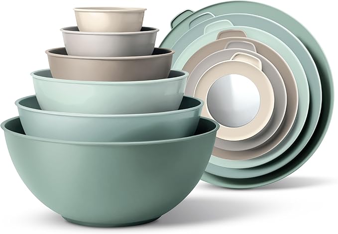 COOK WITH COLOR Nesting Mixing Bowls - 12 Piece Plastic Bowl Set with Lids, Microwave Safe (Mint Ombre)