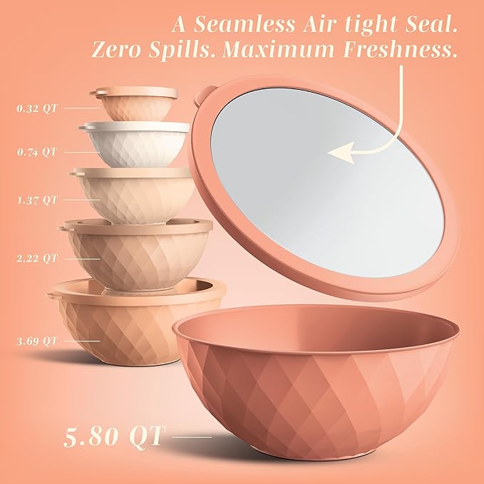 COOK WITH COLOR Mixing Bowls with Lids - 12 Piece Plastic Nesting Bowls Set includes 6 Prep Bowls and 6 Lids, Microwave Safe Mixing Bowl Set, Orange Diamond