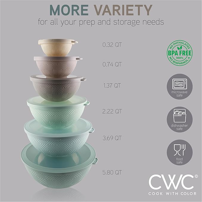 COOK WITH COLOR Mixing Bowls with Lids - 12 Piece Plastic Nesting Bowls Set includes 6 Prep Bowls and 6 Lids, Microwave Safe Mixing Bowl Set, Mint Rhombus