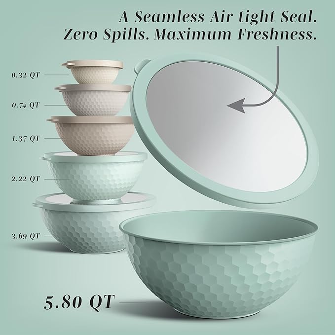 COOK WITH COLOR Mixing Bowls with Lids - 12 Piece Plastic Nesting Bowls Set includes 6 Prep Bowls and 6 Lids, Microwave Safe Mixing Bowl Set, Mint Embossed