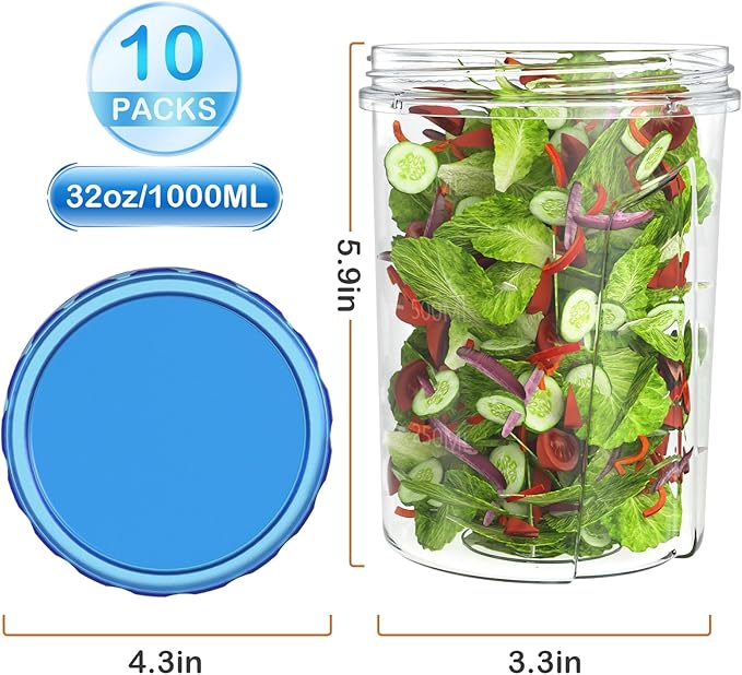 [32 oz 10 Pack] Food Storage Freezer Containers Clear Bottom with Blue Twist Top Lids Reusable, Plastic Airtight Meal Prep Containers BPA Free | Stackable | Leakproof | Microwave/Dishwasher Safe