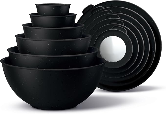 COOK WITH COLOR Mixing Bowls with TPR Lids - 12 Piece Plastic Nesting Bowls Set includes 6 Prep Bowls and 6 Lids, Microwave Safe (Speckled Black)