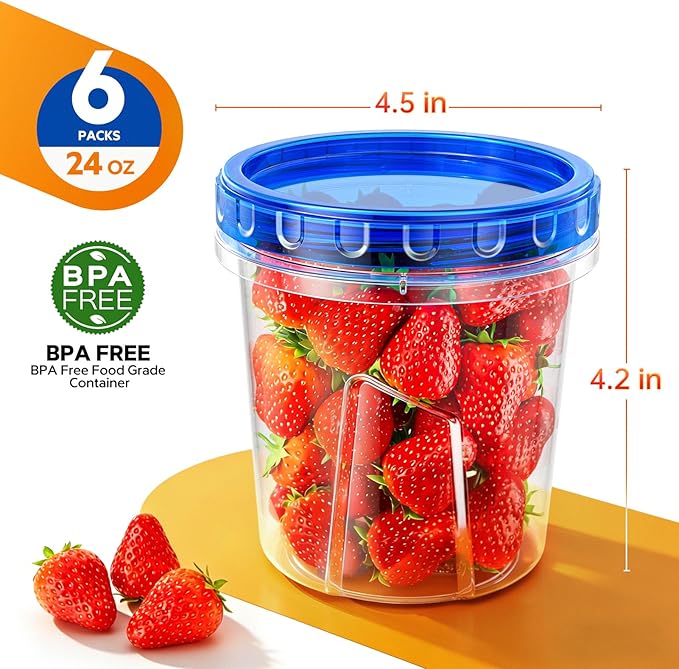 Freezer Storage Containers, [6 Pack-24 Oz] Airtight Plastic Food Storage Containers with Twist Top Lids, Soup, Meal Prep Containers | BPA Free | Stackable | Leakproof | Microwave/Dishwasher Safe