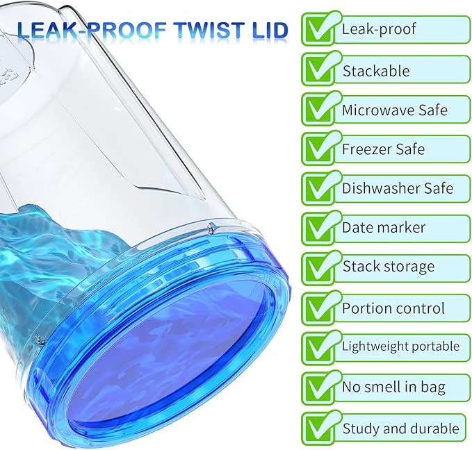 [32 oz 6 Pack] Food Storage Freezer Containers Clear bottom With blue Twist Top Lids Reusable, Plastic Airtight Meal Prep Containers BPA Free | Stackable | Leakproof | Microwave/Dishwasher Safe
