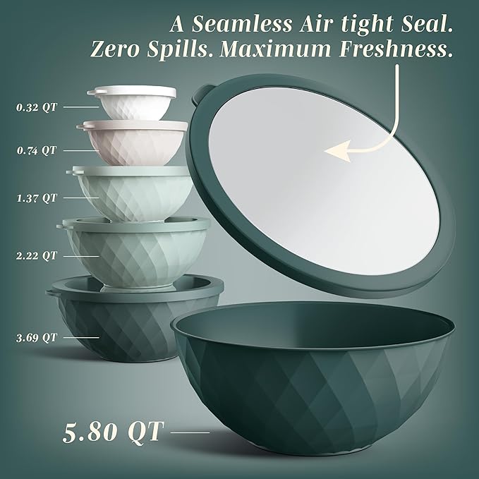 COOK WITH COLOR Mixing Bowls with Lids - 12 Piece Plastic Nesting Bowls Set includes 6 Prep Bowls and 6 Lids, Microwave Safe Mixing Bowl Set, Green Diamond