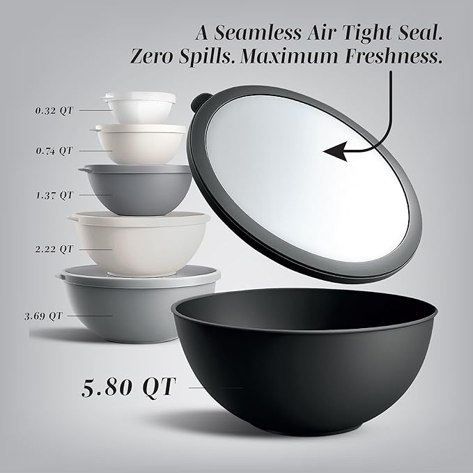 COOK WITH COLOR Mixing Bowls with TPR Lids - 12 Piece Plastic Nesting Set includes 6 Prep and Lids, Microwave Safe Bowl (Black Ombre)