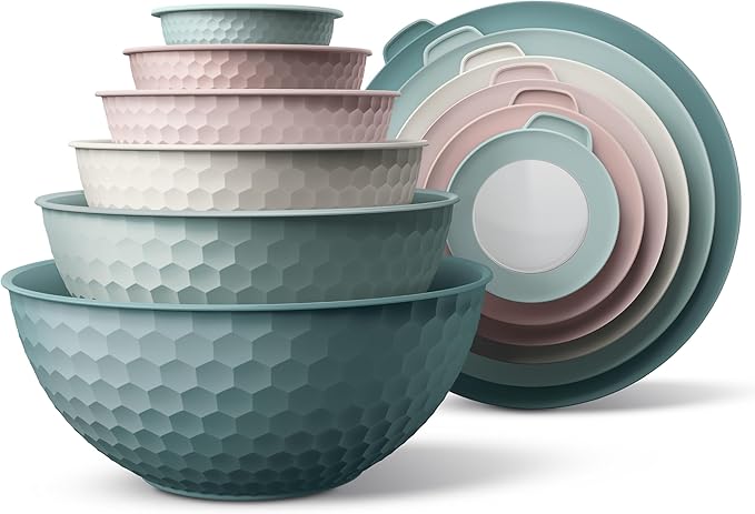 COOK WITH COLOR Mixing Bowls with Lids - 12 Piece Plastic Nesting Bowls Set includes 6 Prep Bowls and 6 Lids, Microwave Safe Mixing Bowl Set, Teal Embossed