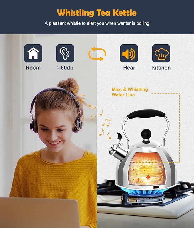Tea Kettle, 2 Quart Stainless Steel Whistling Tea Kettle, Stovetop Whistling Teakettle Tea Pots for Stove Top with Ergonomic Folding Handle, Small Teapot, Water boiler for Tea, Coffee (Silver)