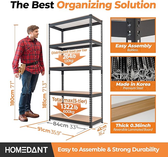 HOMEDANT 5 Tier Storage Shelves Adjustable Laminated Boltless Garage Metal Shelving Unit Heavy Duty Utility Rack Shelf Warehouse Pantry Closet Kitchen 35.9" W x 16.2" D x 71.3" H 3Pack