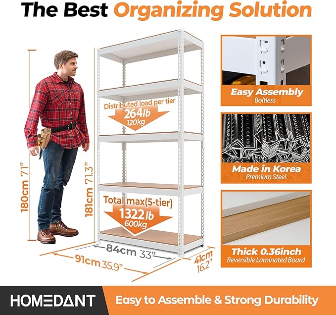 HOMEDANT 5 Tier White Storage Shelves Adjustable Laminated Boltless Garage Metal Shelving Unit Heavy Duty Utility Rack Shelf Warehouse Pantry Closet Kitchen 35.9" W x 16.2" D x 71.3" H White 1Pack