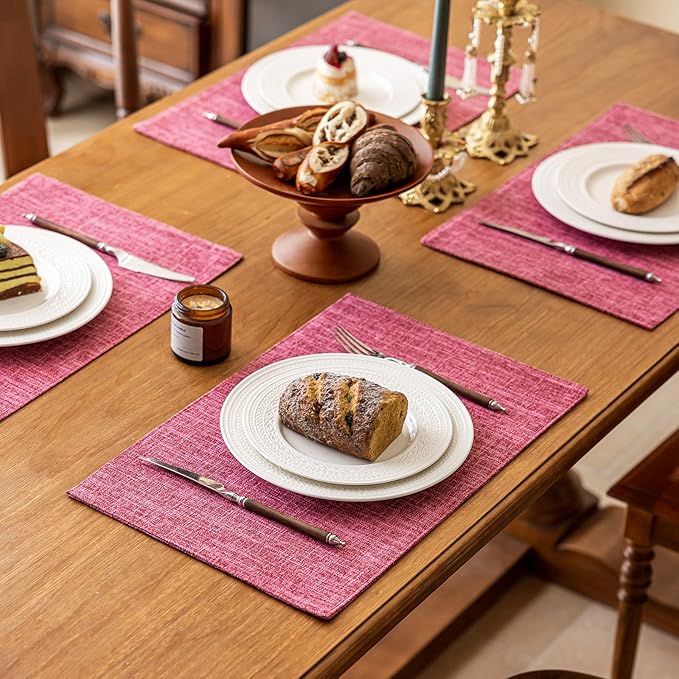 KXN Placemats Set of 8, Dual-Layer Thickened Faux Linen Table Mats, Heat Resistant & Wrinkle-Free, Machine Washable Cloth Place Mats for Kitchen Dining Indoor Outdoor (Pink)
