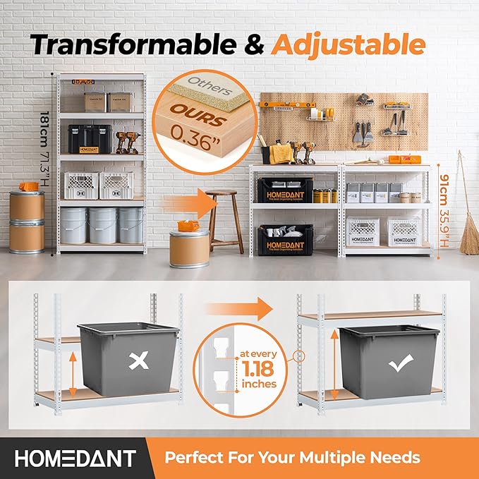 HOMEDANT 5 Tier White Storage Shelves Adjustable Laminated Boltless Garage Metal Shelving Unit Heavy Duty Utility Rack Shelf Warehouse Pantry Closet Kitchen 35.9" W x 16.2" D x 71.3" H White 1Pack