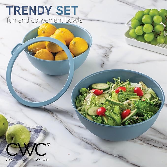 COOK WITH COLOR Mixing Bowls with Lids - 12 Piece Plastic Nesting Bowls Set includes 6 Prep Bowls and 6 Lids, Microwave Safe Mixing Bowl Set, Blue Tritan Lid