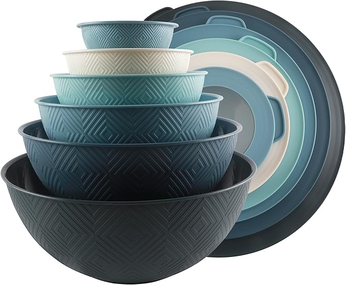 COOK WITH COLOR Mixing Bowls with Lids - 12 Piece Plastic Nesting Bowls Set includes 6 Prep Bowls and 6 Lids, Microwave Safe Mixing Bowl Set, Blue Rhombus