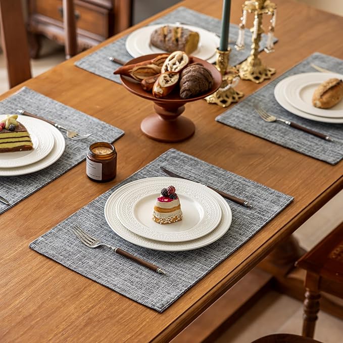 KXN Placemats Set of 6, Dual-Layer Thickened Faux Linen Table Mats, Heat Resistant & Wrinkle-Free, Machine Washable Cloth Place Mats for Kitchen Dining Indoor Outdoor (Light Grey)