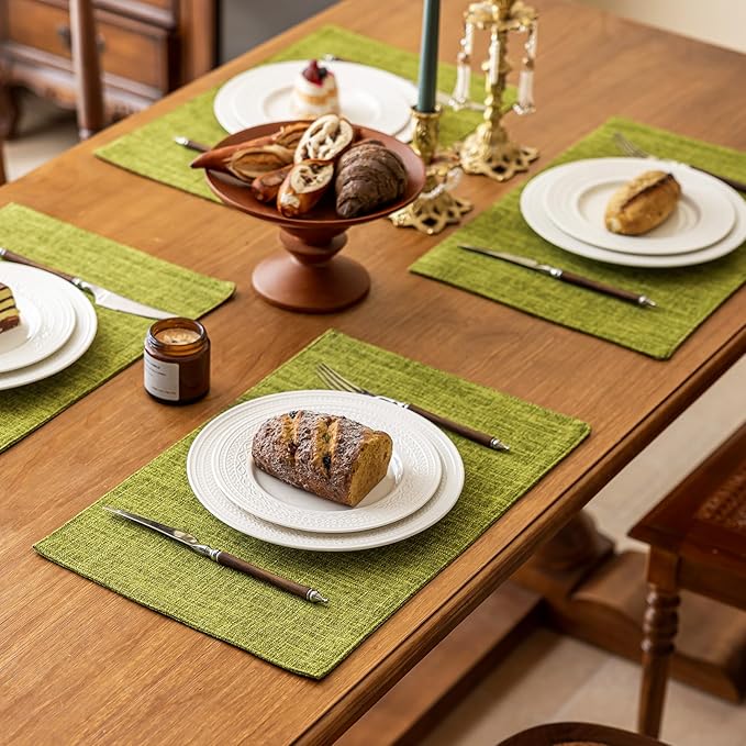 KXN Placemats Set of 4, Dual-Layer Thickened Faux Linen Table Mats, Heat Resistant & Wrinkle-Free, Machine Washable Cloth Place Mats for Kitchen Dining Indoor Outdoor (Green)