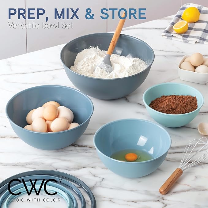 COOK WITH COLOR Mixing Bowls with Lids - 12 Piece Plastic Nesting Bowls Set includes 6 Prep Bowls and 6 Lids, Microwave Safe Mixing Bowl Set, Blue Tritan Lid