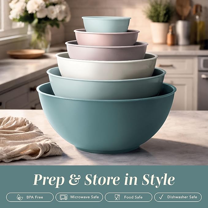COOK WITH COLOR Mixing Bowls with TPR Lids - 12 Piece Plastic Nesting Bowls Set includes 6 Prep Bowls and 6 Lids, Microwave Safe (Teal)