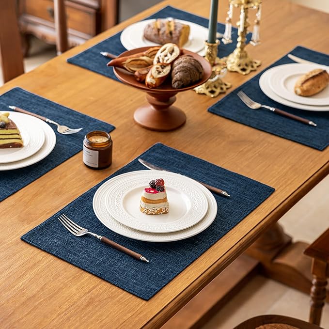 KXN Placemats Set of 6, Dual-Layer Thickened Faux Linen Table Mats, Heat Resistant & Wrinkle-Free, Machine Washable Cloth Place Mats for Kitchen Dining Indoor Outdoor (Navy Blue)