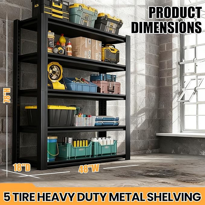 78" H Garage Shelving, Heavy Duty Storage Shelves, Garage Storage Shelves, Adjustable 5 Tier Metal Shelving Unit, Utility Shelves for Warehouse Backyard, 78" H×47.5" W×18" D