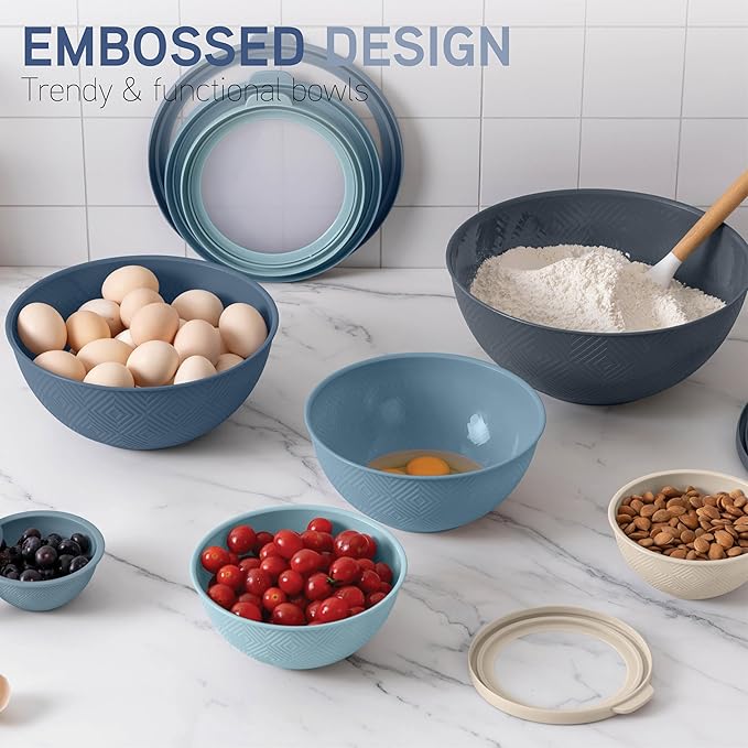 COOK WITH COLOR Mixing Bowls with Lids - 12 Piece Plastic Nesting Bowls Set includes 6 Prep Bowls and 6 Lids, Microwave Safe Mixing Bowl Set, Blue Rhombus
