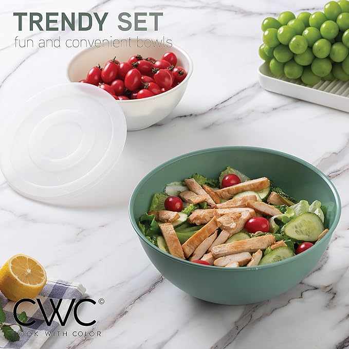 COOK WITH COLOR Mixing Bowls with Lids - 12 Piece Plastic Nesting Bowls Set includes 6 Prep Bowls and 6 Lids, Microwave Safe Mixing Bowl Set, Sage