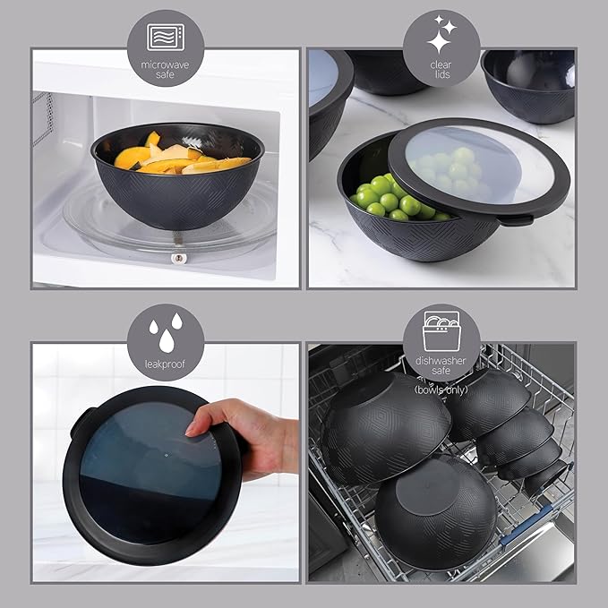 COOK WITH COLOR Mixing Bowls with Lids - 12 Piece Plastic Nesting Bowls Set includes 6 Prep Bowls and 6 Lids, Microwave Safe Mixing Bowl Set, Black Rhombus
