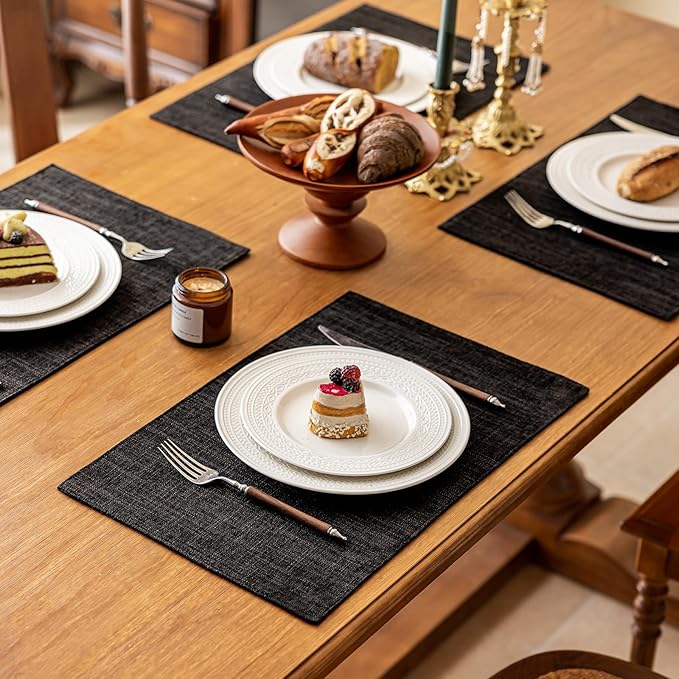 KXN Placemats Set of 8, Dual-Layer Thickened Faux Linen Table Mats, Heat Resistant & Wrinkle-Free, Machine Washable Cloth Place Mats for Kitchen Dining Indoor Outdoor (Black)