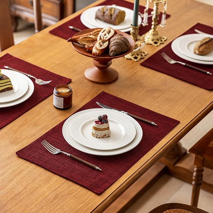 KXN Christmas Placemats Set of 6, Dual-Layer Thickened Faux Linen Table Mats, Heat Resistant & Wrinkle-Free, Machine Washable Cloth Place Mats for Kitchen Dining Indoor Outdoor (Red)