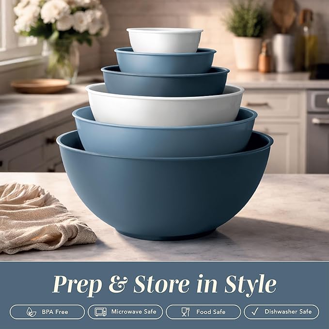 COOK WITH COLOR Mixing Bowls with Lids - 12 Piece Plastic Nesting Bowls Set includes 6 Prep Bowls, Microwave Safe Mixing Bowl Set, Blue and White TPR Lids