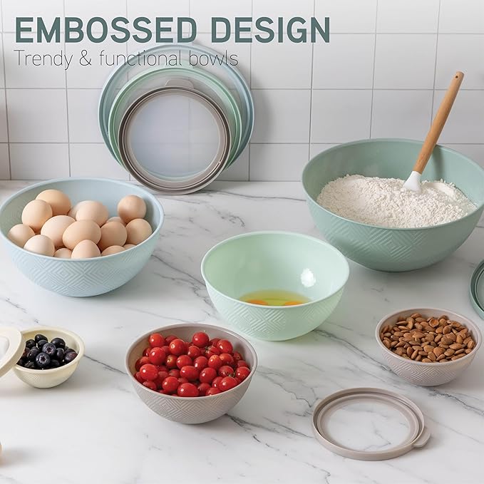 COOK WITH COLOR Mixing Bowls with Lids - 12 Piece Plastic Nesting Bowls Set includes 6 Prep Bowls and 6 Lids, Microwave Safe Mixing Bowl Set, Mint Rhombus