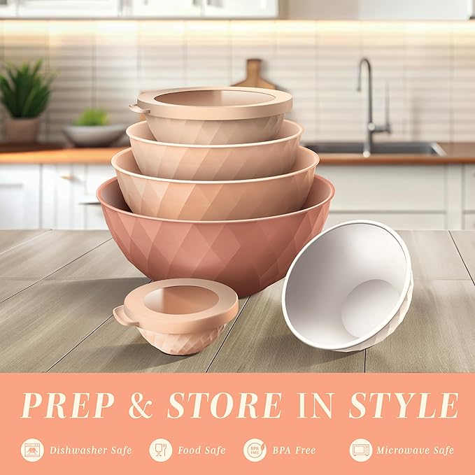 COOK WITH COLOR Mixing Bowls with Lids - 12 Piece Plastic Nesting Bowls Set includes 6 Prep Bowls and 6 Lids, Microwave Safe Mixing Bowl Set, Orange Diamond