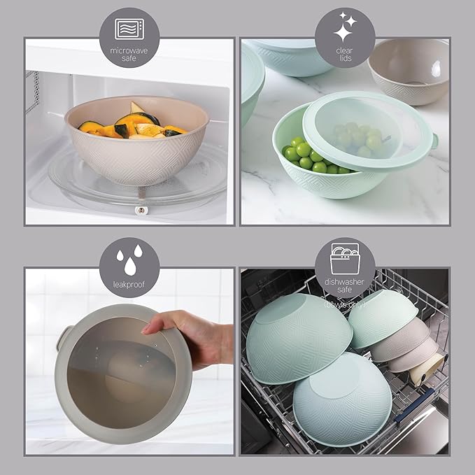 COOK WITH COLOR Mixing Bowls with Lids - 12 Piece Plastic Nesting Bowls Set includes 6 Prep Bowls and 6 Lids, Microwave Safe Mixing Bowl Set, Mint Rhombus