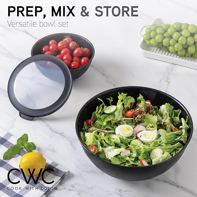 COOK WITH COLOR Mixing Bowls with Lids - 12 Piece Plastic Nesting Bowls Set includes 6 Prep Bowls and 6 Lids, Microwave Safe Mixing Bowl Set, Black Rhombus