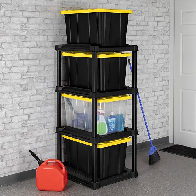 Sterilite 4 Tier Tote Rack, Vertical Plastic Organizer with 4 Pack 27 Gallon Industrial Storage Totes, Clear - for Garages, Workshops, or Basements