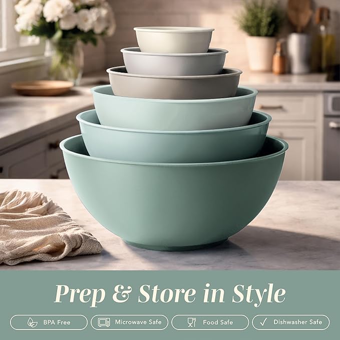 COOK WITH COLOR Nesting Mixing Bowls - 12 Piece Plastic Bowl Set with Lids, Microwave Safe (Mint Ombre)