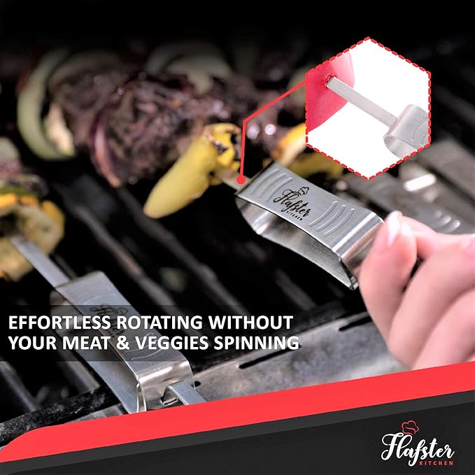 "FLAFSTER KITCHEN BBQ Skewers for Grilling - 16" Stainless Steel Flat Kebab Sticks with Push Bar, Reusable Metal Shish Kabob Skewers, Set of 6"