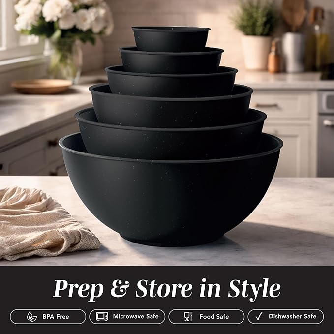 COOK WITH COLOR Mixing Bowls with TPR Lids - 12 Piece Plastic Nesting Bowls Set includes 6 Prep Bowls and 6 Lids, Microwave Safe (Speckled Black)
