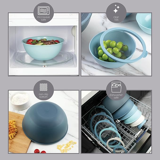 COOK WITH COLOR Mixing Bowls with Lids - 12 Piece Plastic Nesting Bowls Set includes 6 Prep Bowls and 6 Lids, Microwave Safe Mixing Bowl Set, Blue Tritan Lid