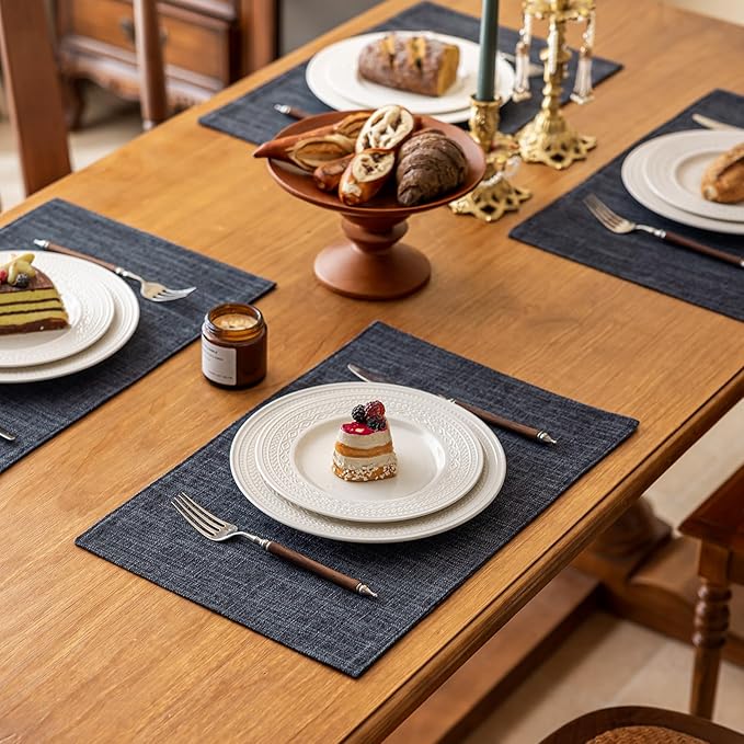 KXN Placemats Set of 8, Dual-Layer Thickened Faux Linen Table Mats, Heat Resistant & Wrinkle-Free, Machine Washable Cloth Place Mats for Kitchen Dining Indoor Outdoor (Dark Grey)