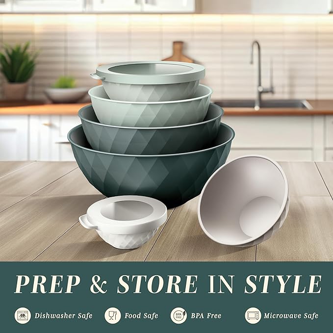 COOK WITH COLOR Mixing Bowls with Lids - 12 Piece Plastic Nesting Bowls Set includes 6 Prep Bowls and 6 Lids, Microwave Safe Mixing Bowl Set, Green Diamond