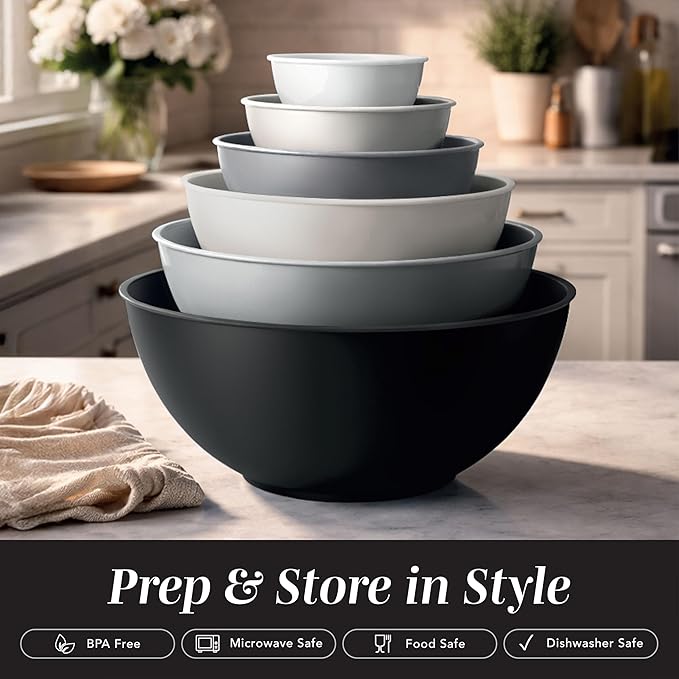 COOK WITH COLOR Mixing Bowls with TPR Lids - 12 Piece Plastic Nesting Set includes 6 Prep and Lids, Microwave Safe Bowl (Black Ombre)