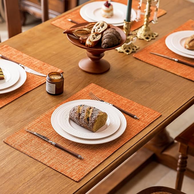 KXN Thanksgiving Placemats Set of 8, Dual-Layer Thickened Faux Linen Table Mats, Heat Resistant & Wrinkle-Free, Machine Washable Cloth Place Mats for Kitchen Dining Indoor Outdoor (Orange)