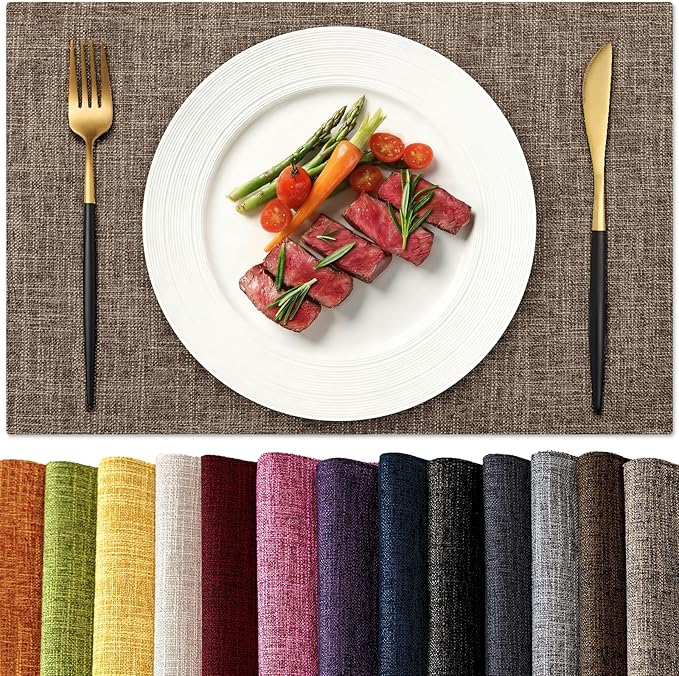 KXN Placemats Set of 4, Dual-Layer Thickened Faux Linen Table Mats, Heat Resistant & Wrinkle-Free, Machine Washable Cloth Place Mats for Kitchen Dining Indoor Outdoor (Burlap)